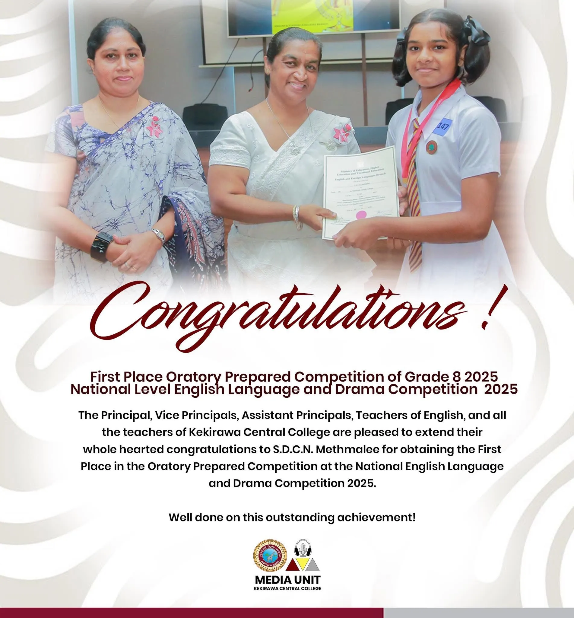 S.D.C.N. Methmalee Wins 1st Place at National English Language & Drama Competition 2025